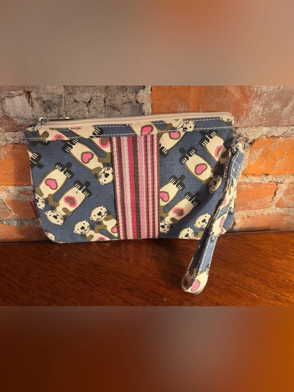 bungalow 360 Blue Otter Print Wristlet with Pink Stripe